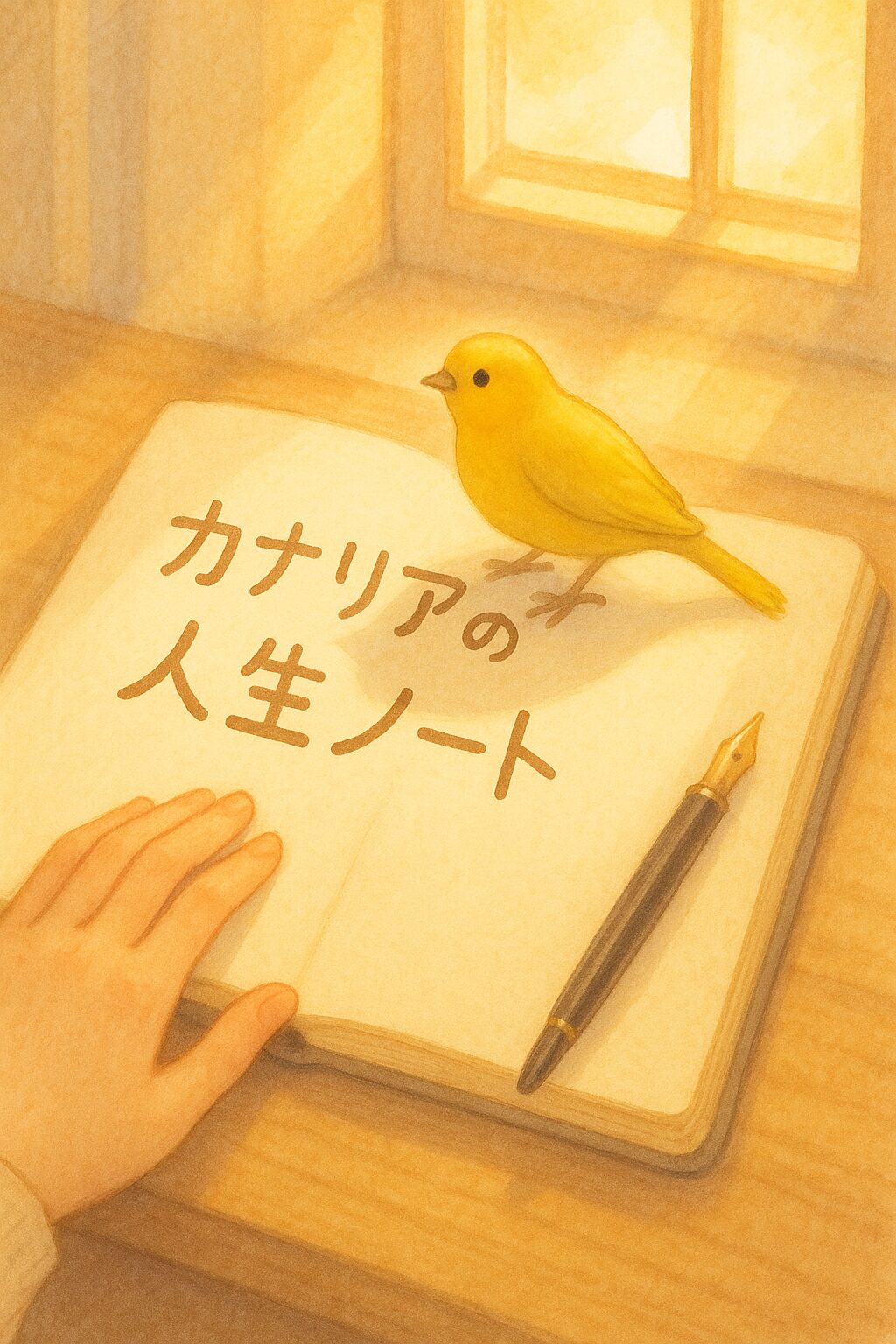 朝日が差し込む窓辺に置かれたノートと万年筆、そしてカナリアの優しいイラスト