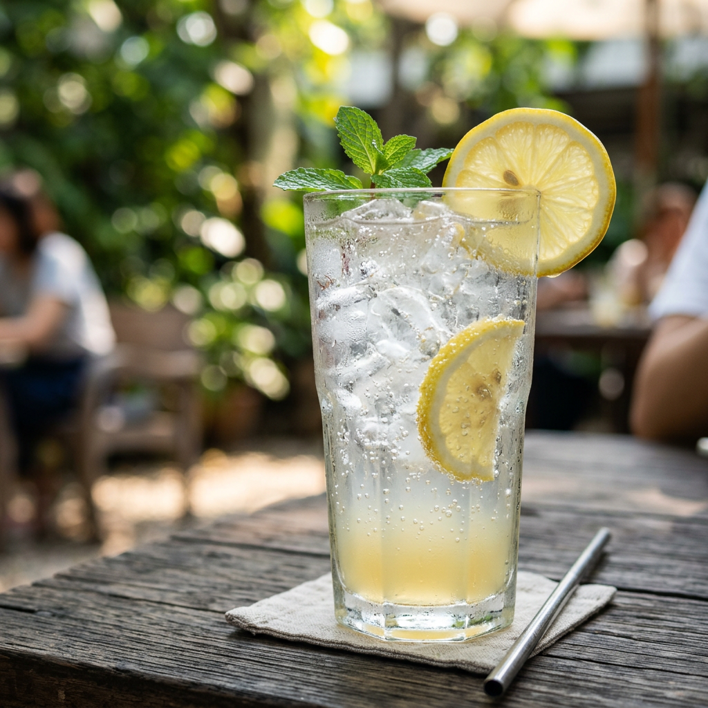 Tall glass filled with sparkling lemon drink, ice cubes, lemon slices, and mint sprig