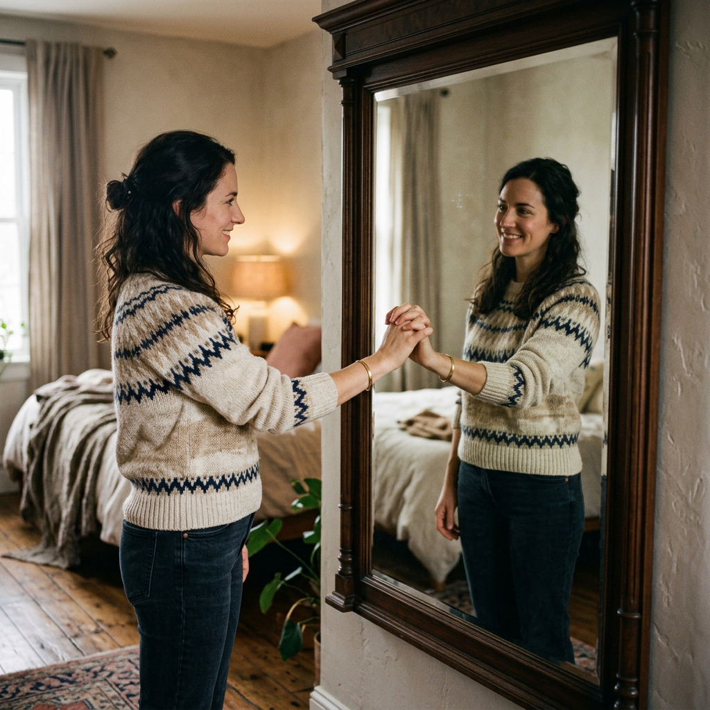 Woman touching hand to her reflection in a full-length mirror in a cozy bedroom