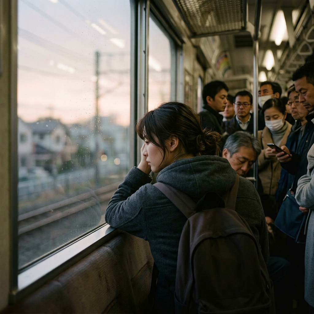 混雑した電車内の女性の後ろ姿
